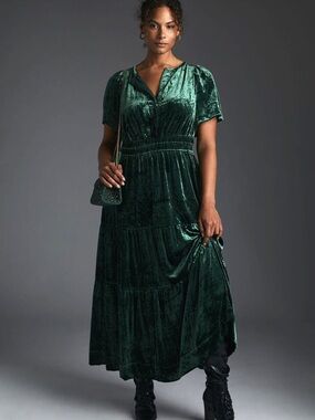 Anthropologie Emerald Green Velvet Somerset Tiered Maxi Dress
